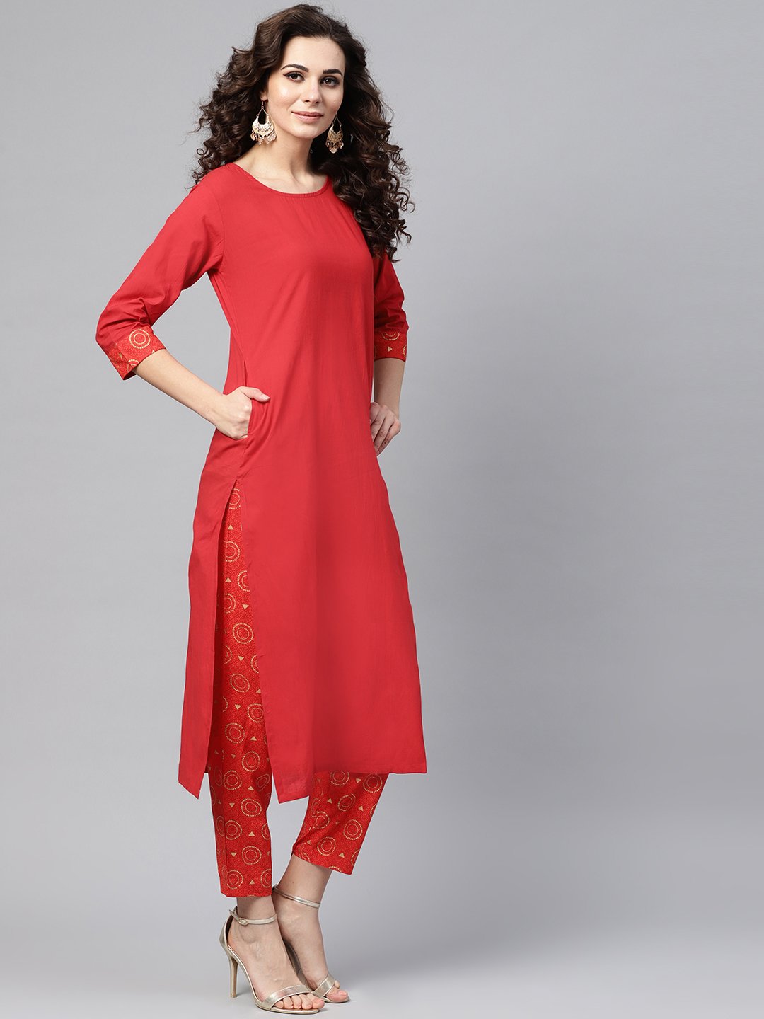 Solid Red Kurta Set With Gold Printed Pants With Multi Colored Bhagalpuri Dupatta | LASVINI - Redefining Indian Fashion with Elegance