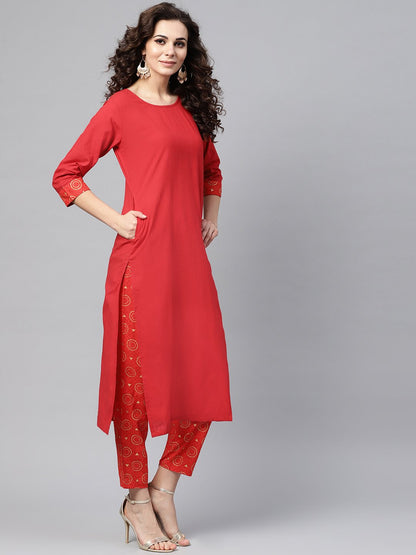 Solid Red Kurta Set With Gold Printed Pants With Multi Colored Bhagalpuri Dupatta | LASVINI - Redefining Indian Fashion with Elegance