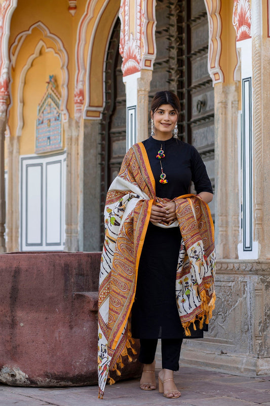 Women Black Kurta Set With Pants & Bhagalpuri Multi Colored Dupatta | LASVINI - Redefining Indian Fashion with Elegance