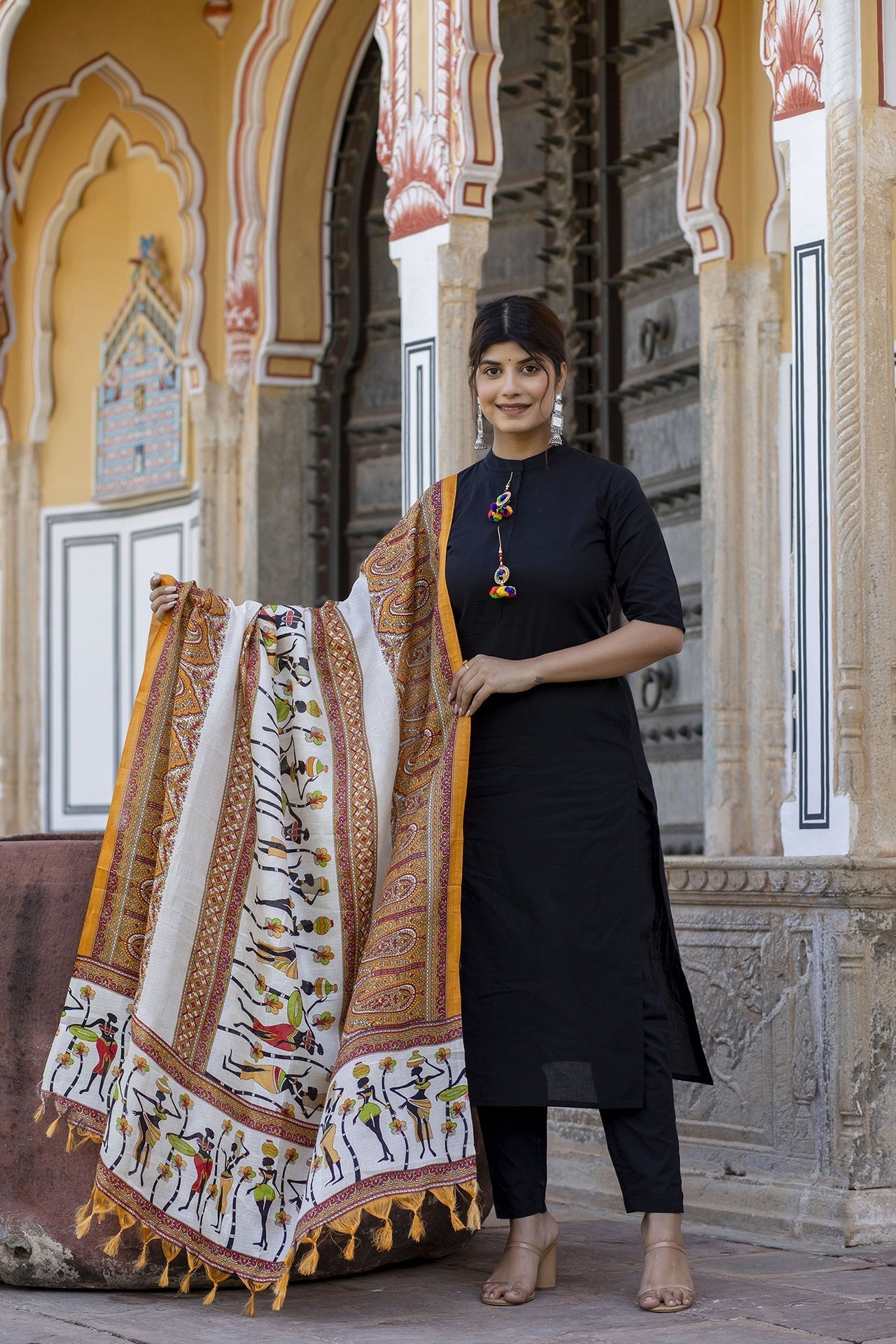 Women Black Kurta Set With Pants & Bhagalpuri Multi Colored Dupatta | LASVINI - Redefining Indian Fashion with Elegance