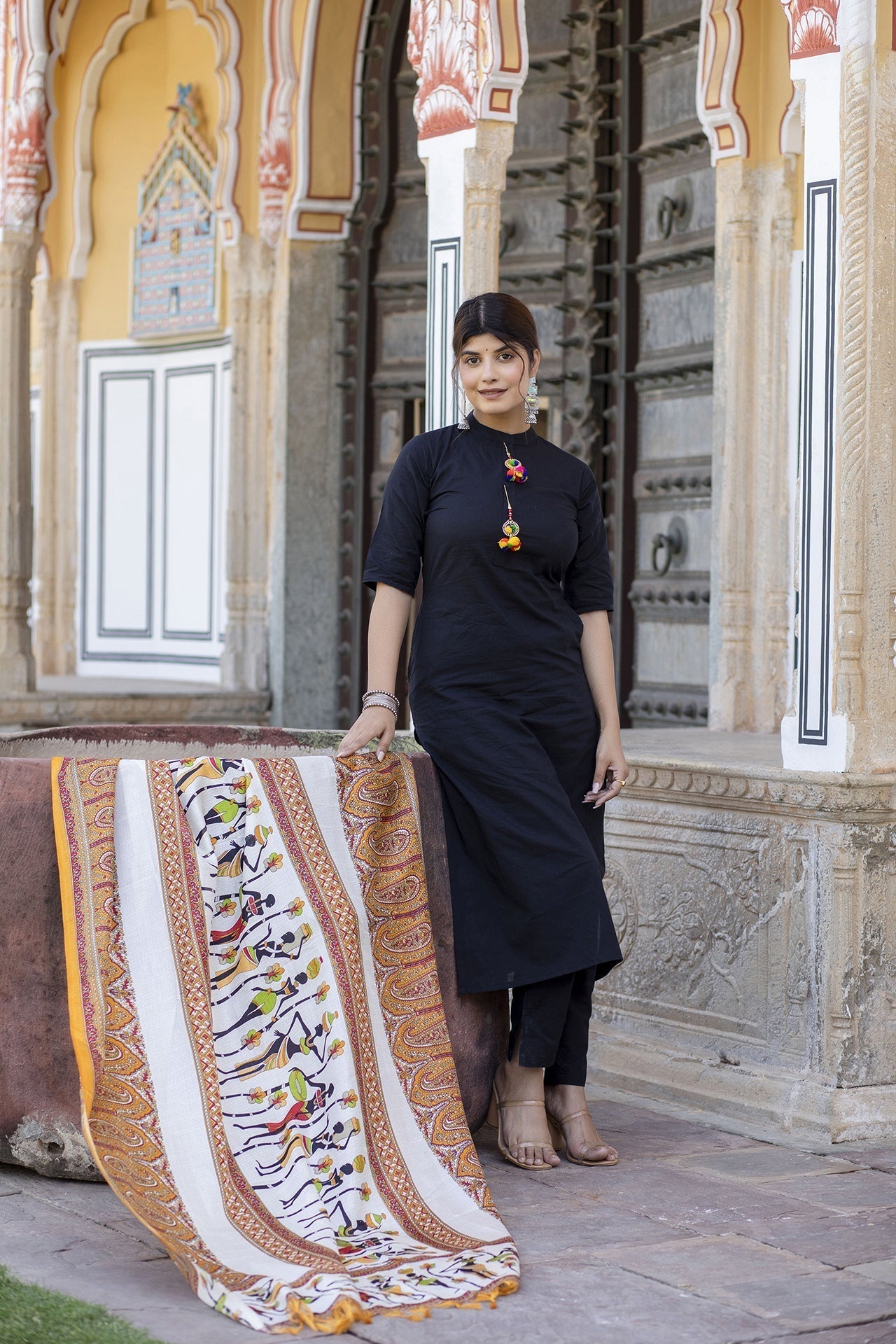 Women Black Kurta Set With Pants & Bhagalpuri Multi Colored Dupatta | LASVINI - Redefining Indian Fashion with Elegance
