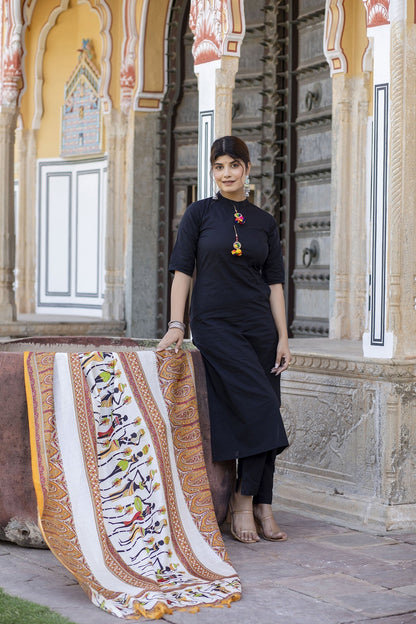 Women Black Kurta Set With Pants & Bhagalpuri Multi Colored Dupatta | LASVINI - Redefining Indian Fashion with Elegance