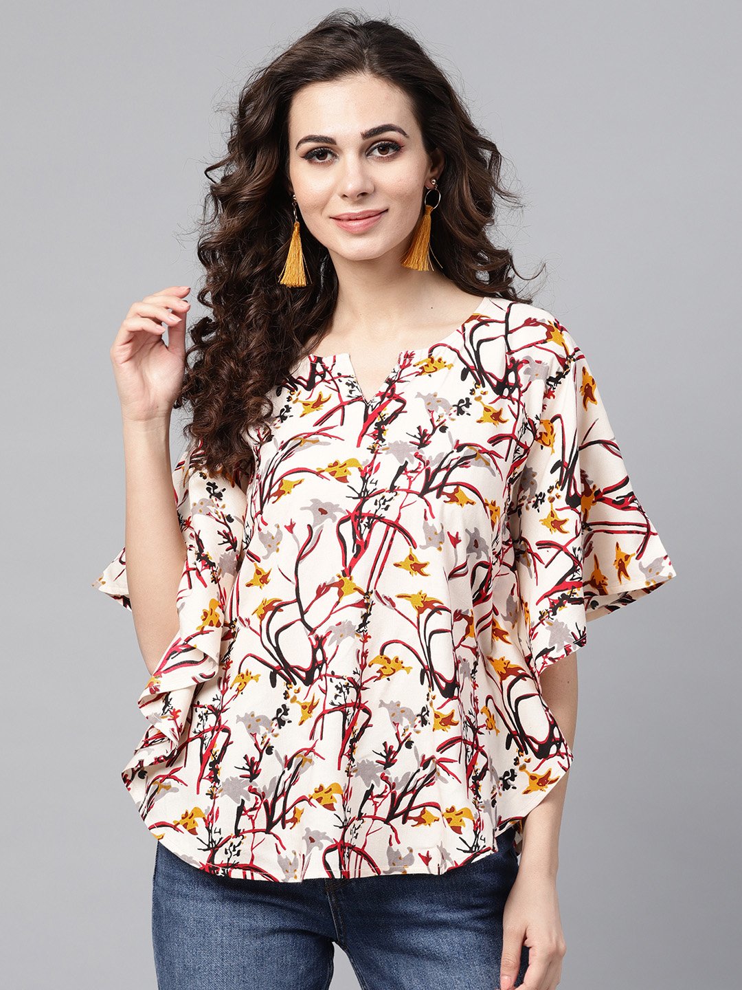 Cream Multi Colored Kaftan Top With Round Neck And V-Slit | LASVINI - Redefining Indian Fashion with Elegance