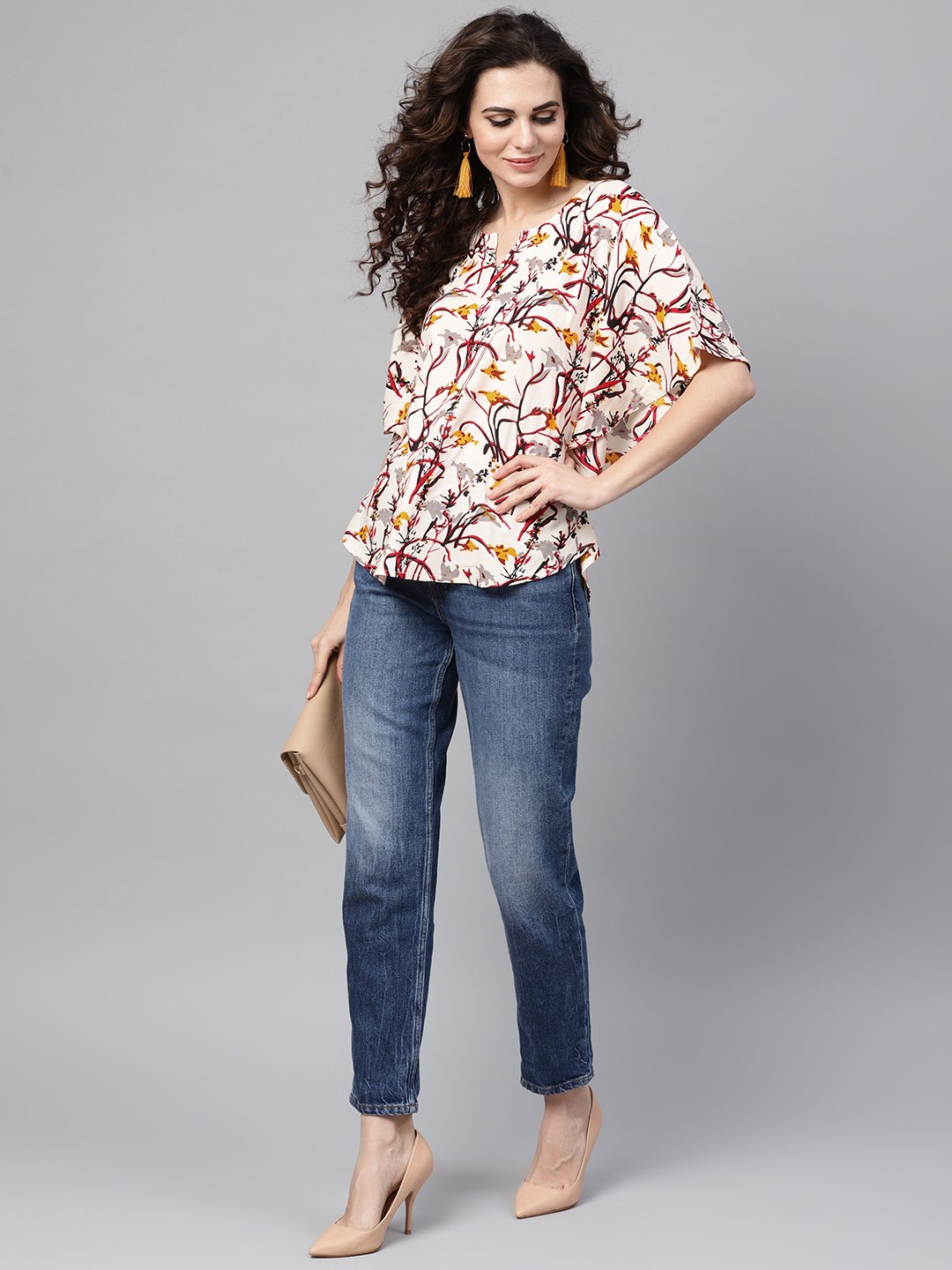 Cream Multi Colored Kaftan Top With Round Neck And V-Slit | LASVINI - Redefining Indian Fashion with Elegance