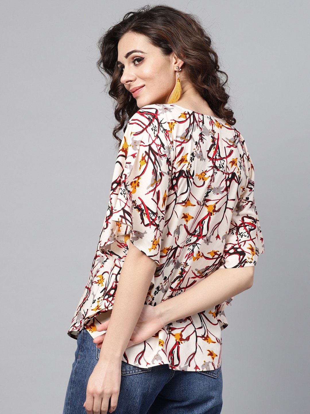 Cream Multi Colored Kaftan Top With Round Neck And V-Slit | LASVINI - Redefining Indian Fashion with Elegance