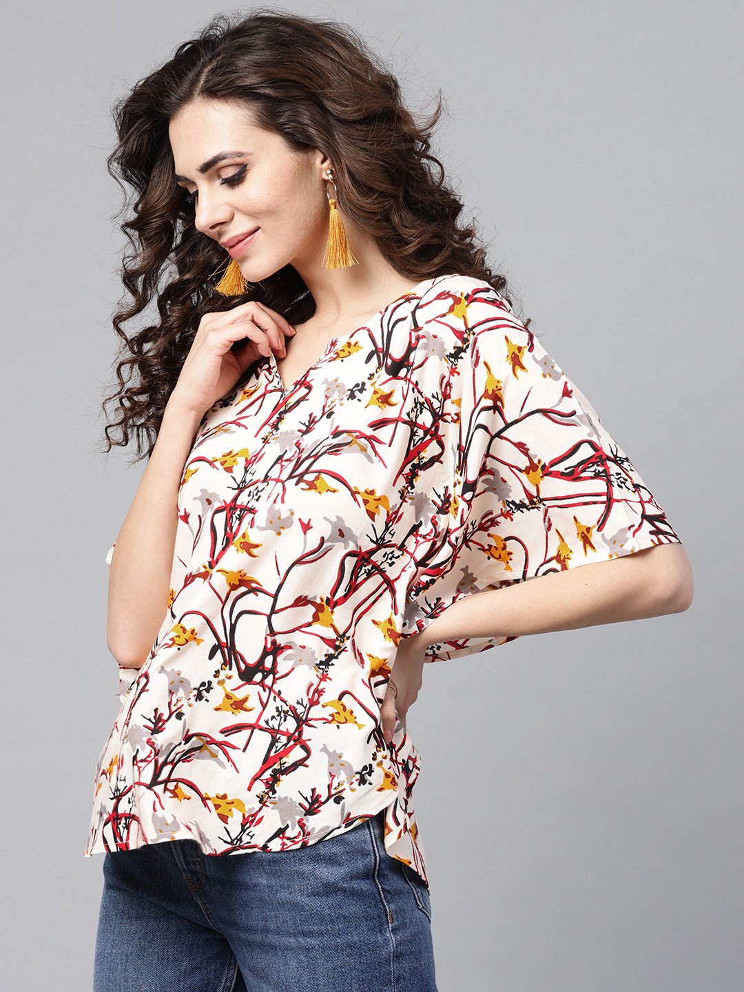 Cream Multi Colored Kaftan Top With Round Neck And V-Slit | LASVINI - Redefining Indian Fashion with Elegance