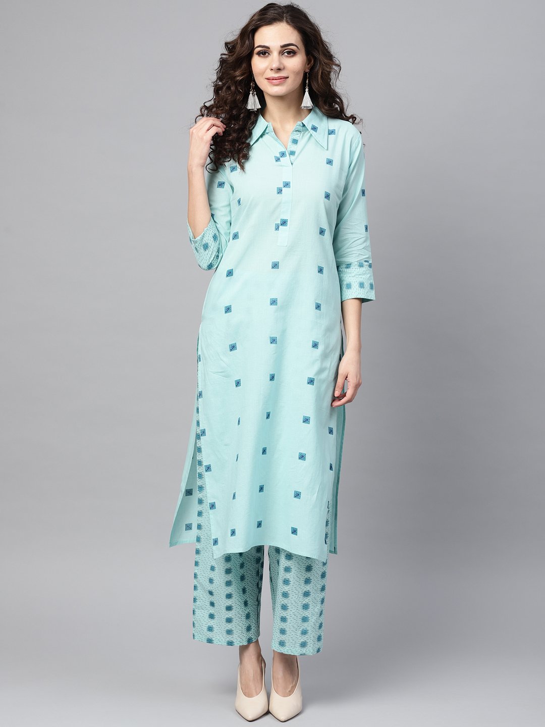 Sea Green Printed 3/4Th Sleeve Cotton Kurta With Printed Palazzo | LASVINI - Redefining Indian Fashion with Elegance
