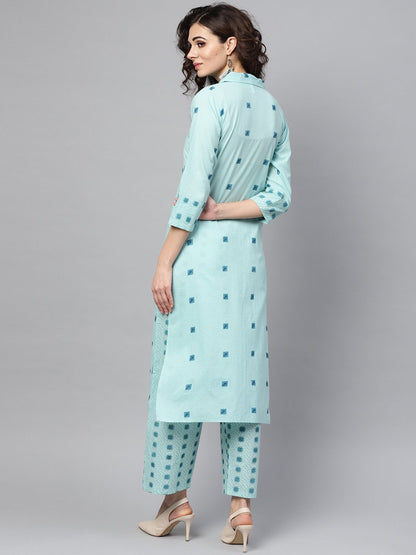 Sea Green Printed 3/4Th Sleeve Cotton Kurta With Printed Palazzo | LASVINI - Redefining Indian Fashion with Elegance