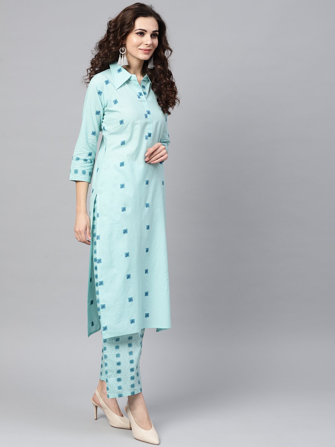 Sea Green Printed 3/4Th Sleeve Cotton Kurta With Printed Palazzo | LASVINI - Redefining Indian Fashion with Elegance