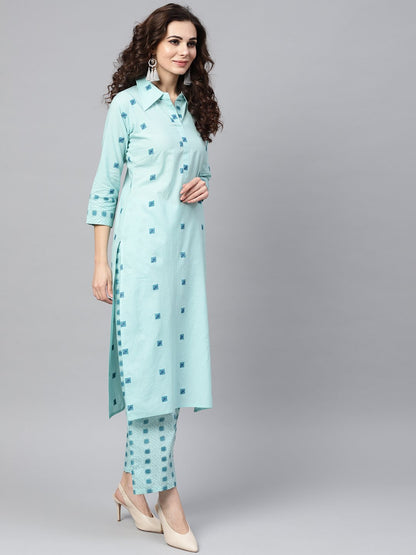 Sea Green Printed 3/4Th Sleeve Cotton Kurta With Printed Palazzo | LASVINI - Redefining Indian Fashion with Elegance