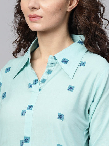Sea Green Printed 3/4Th Sleeve Cotton Kurta With Printed Palazzo | LASVINI - Redefining Indian Fashion with Elegance