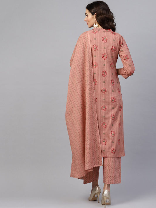 Beige Printed 3/4Th Sleeve Cotton Kurta Set With Striped Printed Dupatta | LASVINI - Redefining Indian Fashion with Elegance