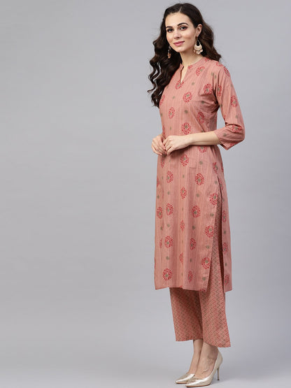 Beige Printed 3/4Th Sleeve Cotton Kurta Set With Striped Printed Dupatta | LASVINI - Redefining Indian Fashion with Elegance