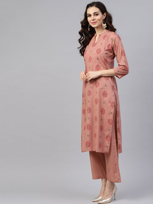 Beige Printed 3/4Th Sleeve Cotton Kurta Set With Striped Printed Dupatta | LASVINI - Redefining Indian Fashion with Elegance