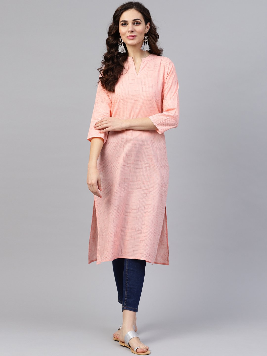 Peach 3/4Th Sleeve Cotton Mandarin Collor Kurta | LASVINI - Redefining Indian Fashion with Elegance
