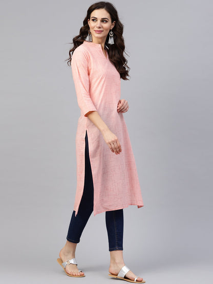Peach 3/4Th Sleeve Cotton Mandarin Collor Kurta | LASVINI - Redefining Indian Fashion with Elegance