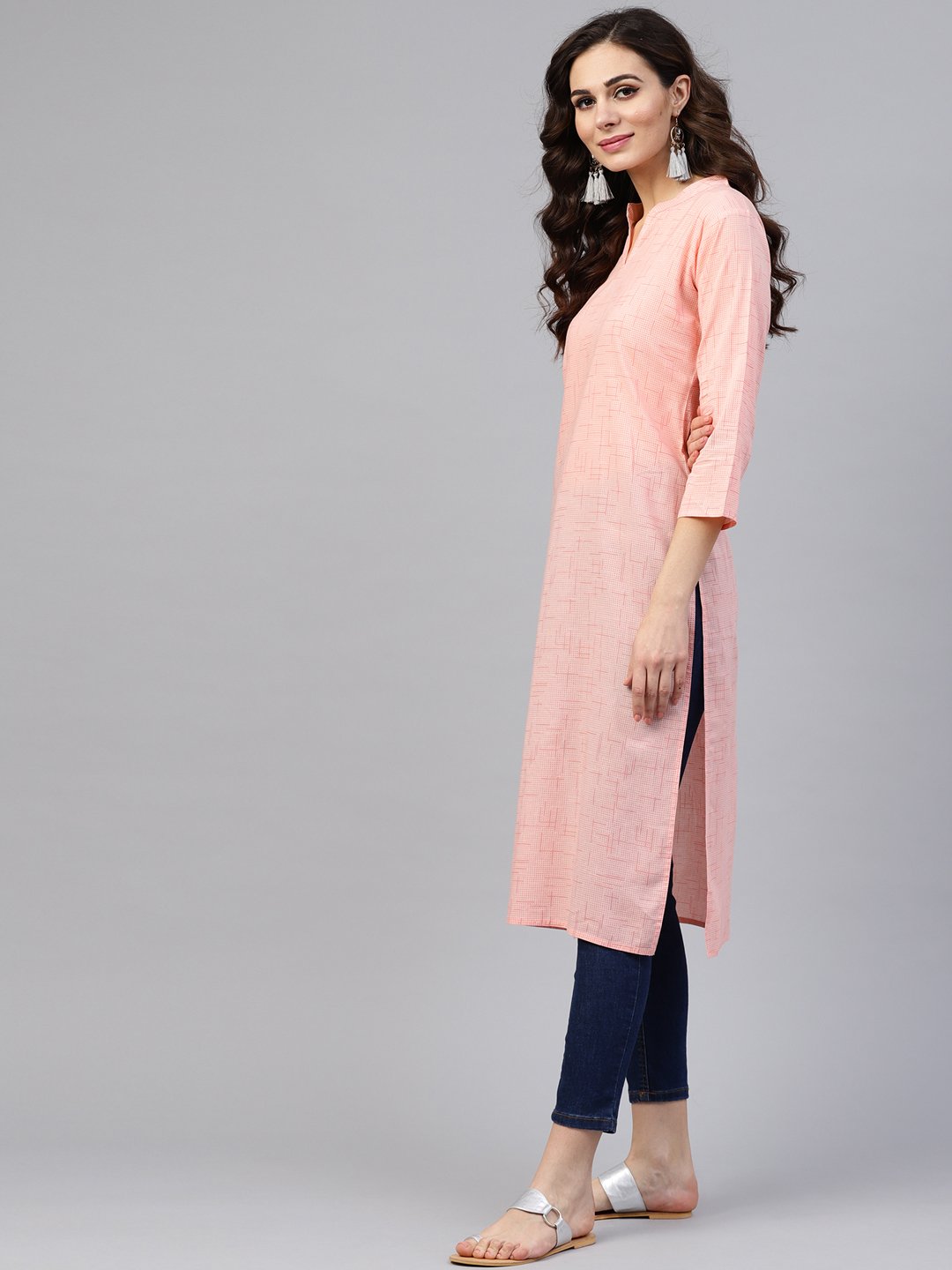Peach 3/4Th Sleeve Cotton Mandarin Collor Kurta | LASVINI - Redefining Indian Fashion with Elegance