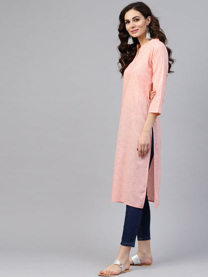 Peach 3/4Th Sleeve Cotton Mandarin Collor Kurta | LASVINI - Redefining Indian Fashion with Elegance