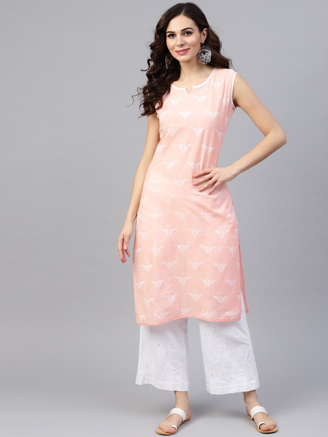 Peach Sleeveless Cotton Printed Kurta | LASVINI - Redefining Indian Fashion with Elegance