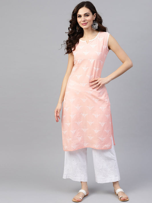Peach Sleeveless Cotton Printed Kurta | LASVINI - Redefining Indian Fashion with Elegance