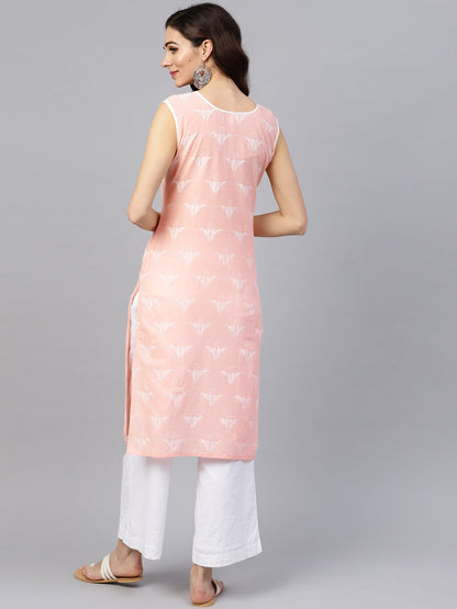 Peach Sleeveless Cotton Printed Kurta | LASVINI - Redefining Indian Fashion with Elegance