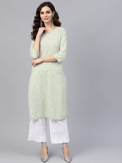 Green Printed 3/4Th Sleeve Cotton Printed Straight Kurta | LASVINI - Redefining Indian Fashion with Elegance