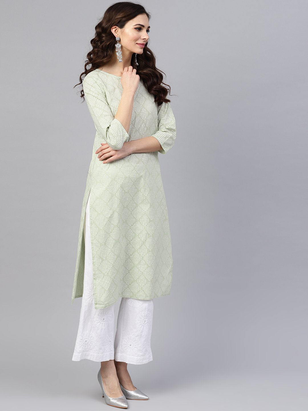 Green Printed 3/4Th Sleeve Cotton Printed Straight Kurta | LASVINI - Redefining Indian Fashion with Elegance