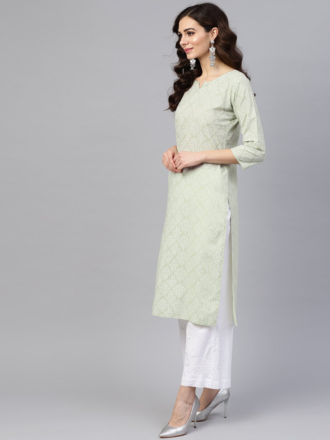 Green Printed 3/4Th Sleeve Cotton Printed Straight Kurta | LASVINI - Redefining Indian Fashion with Elegance