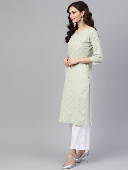 Green Printed 3/4Th Sleeve Cotton Printed Straight Kurta | LASVINI - Redefining Indian Fashion with Elegance