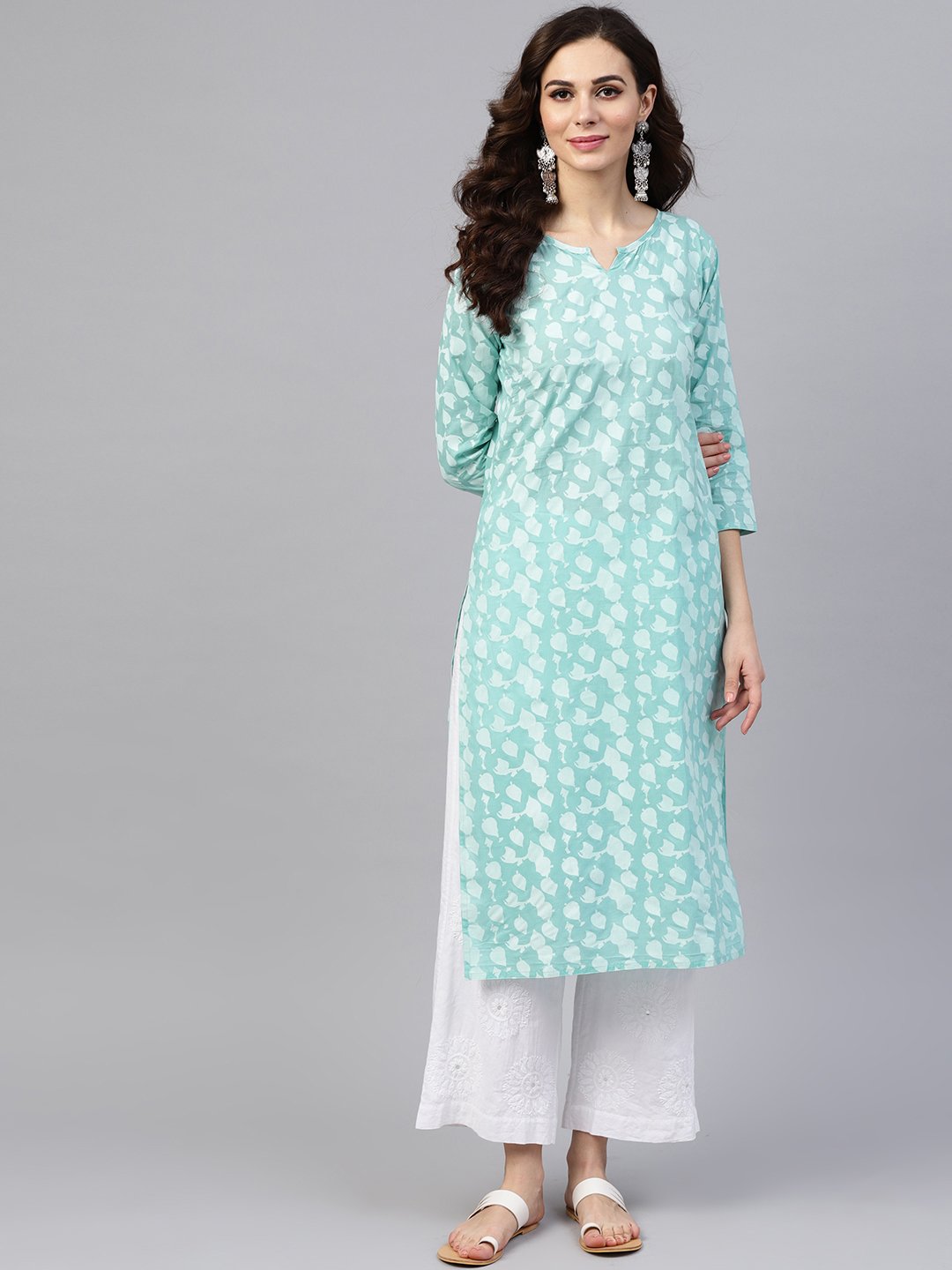 Blue Printed 3/4Th Sleeve Cotton Printed Straight Kurta | LASVINI - Redefining Indian Fashion with Elegance