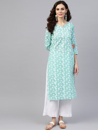 Blue Printed 3/4Th Sleeve Cotton Printed Straight Kurta | LASVINI - Redefining Indian Fashion with Elegance