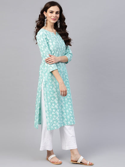 Blue Printed 3/4Th Sleeve Cotton Printed Straight Kurta | LASVINI - Redefining Indian Fashion with Elegance