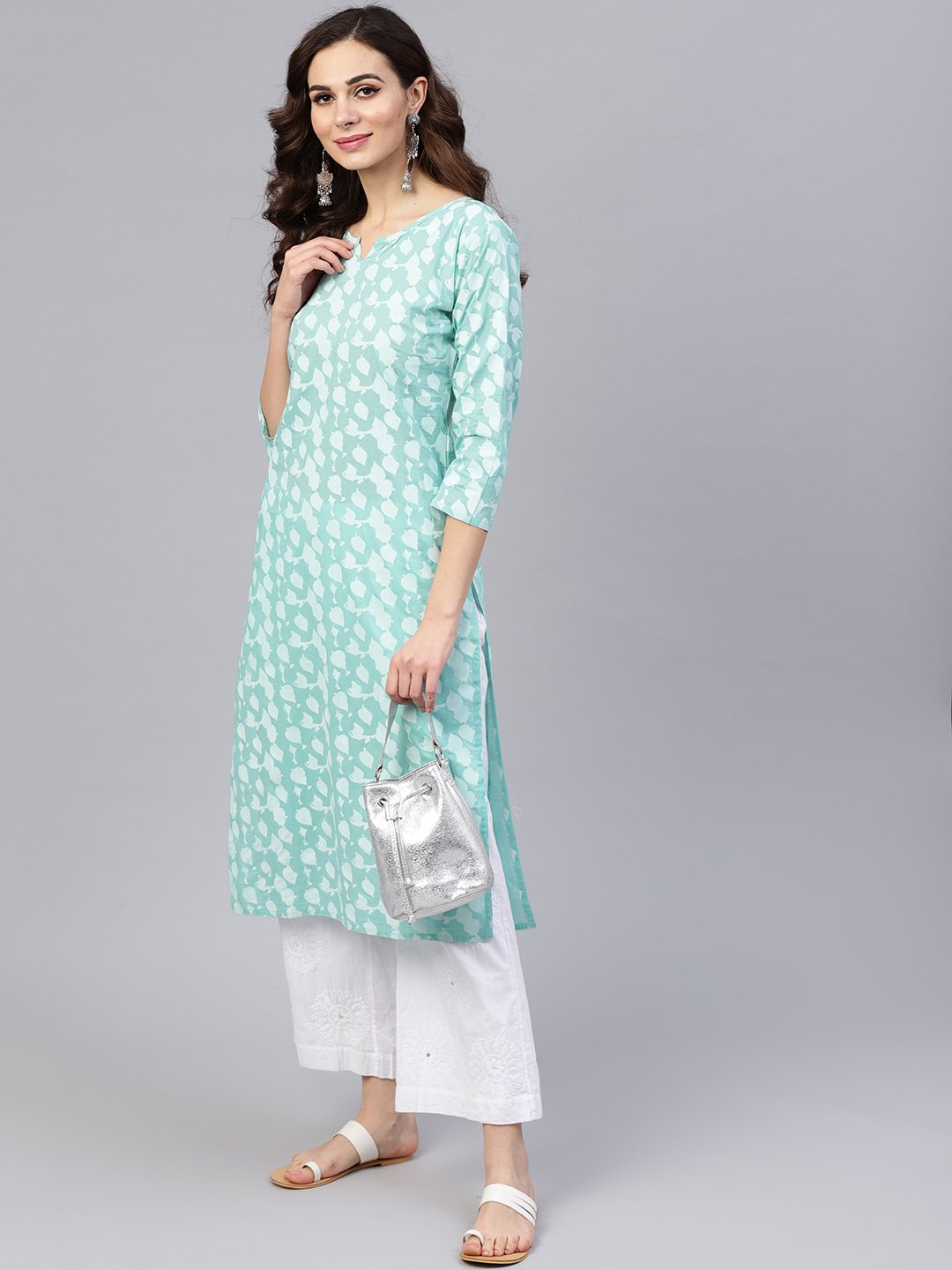 Blue Printed 3/4Th Sleeve Cotton Printed Straight Kurta | LASVINI - Redefining Indian Fashion with Elegance