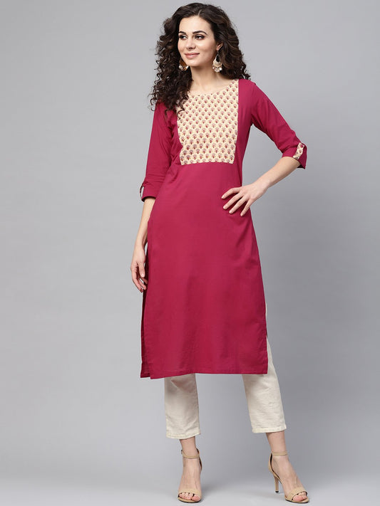 Red 3/4Th Sleeve Yoke Printed Cotton Straight Kurta | LASVINI - Redefining Indian Fashion with Elegance
