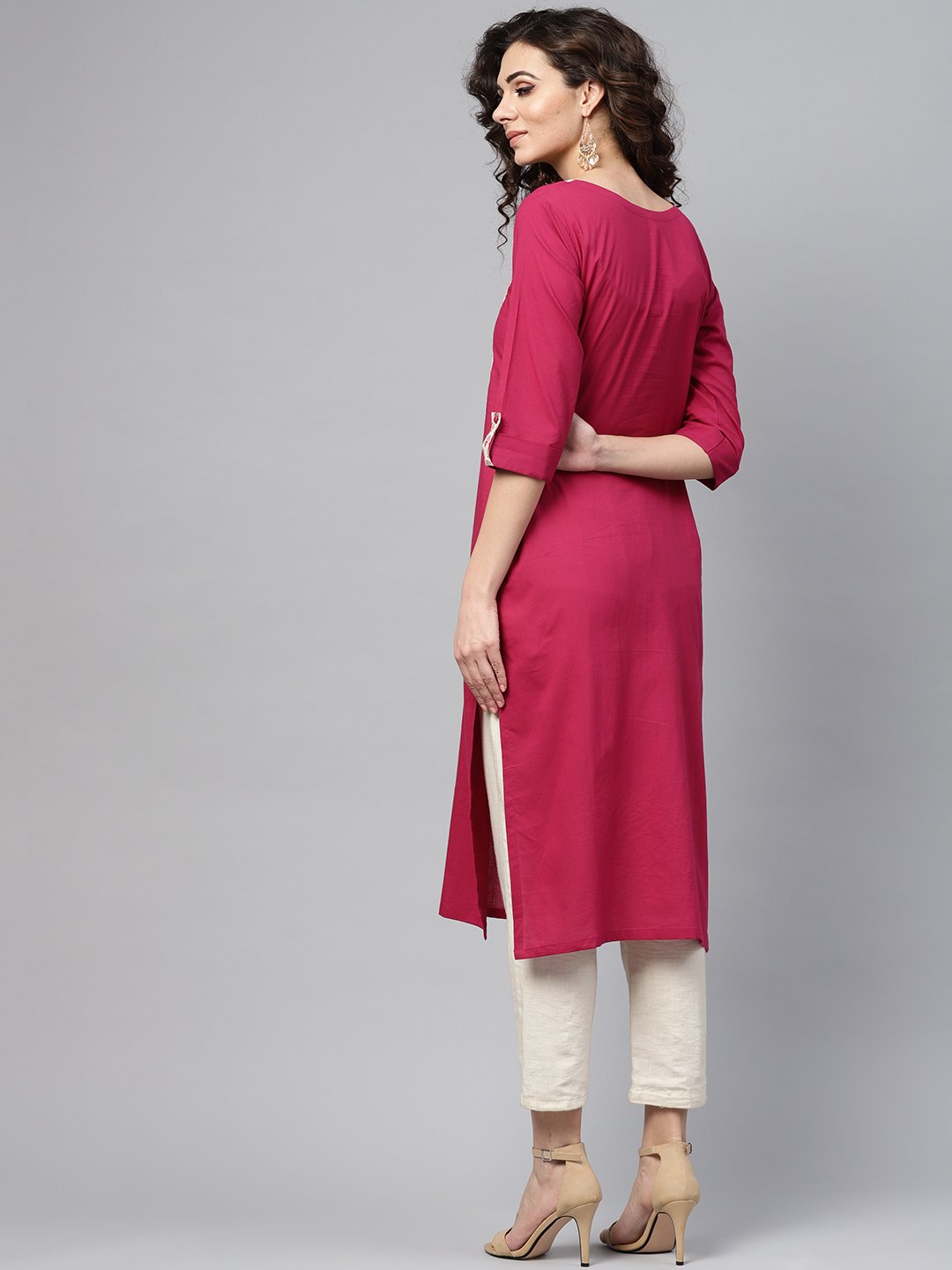 Red 3/4Th Sleeve Yoke Printed Cotton Straight Kurta | LASVINI - Redefining Indian Fashion with Elegance