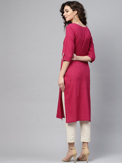 Red 3/4Th Sleeve Yoke Printed Cotton Straight Kurta | LASVINI - Redefining Indian Fashion with Elegance