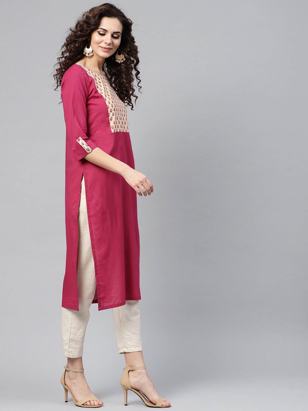 Red 3/4Th Sleeve Yoke Printed Cotton Straight Kurta | LASVINI - Redefining Indian Fashion with Elegance