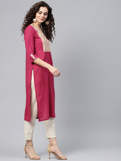 Red 3/4Th Sleeve Yoke Printed Cotton Straight Kurta | LASVINI - Redefining Indian Fashion with Elegance