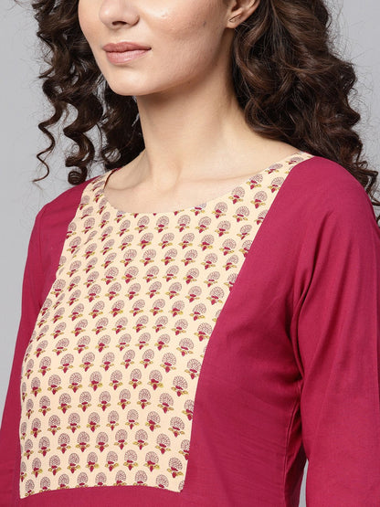 Red 3/4Th Sleeve Yoke Printed Cotton Straight Kurta | LASVINI - Redefining Indian Fashion with Elegance