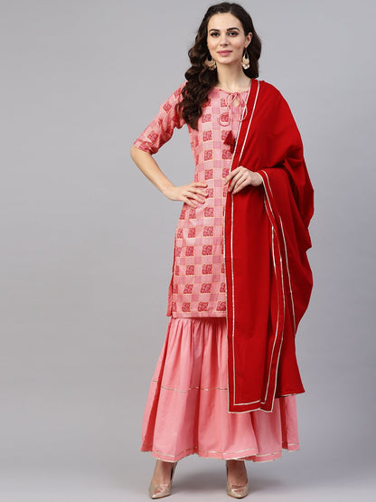 Peach 3/4Th Sleeve Printed Kurta Set With Sharara And Red Dupatta | LASVINI - Redefining Indian Fashion with Elegance