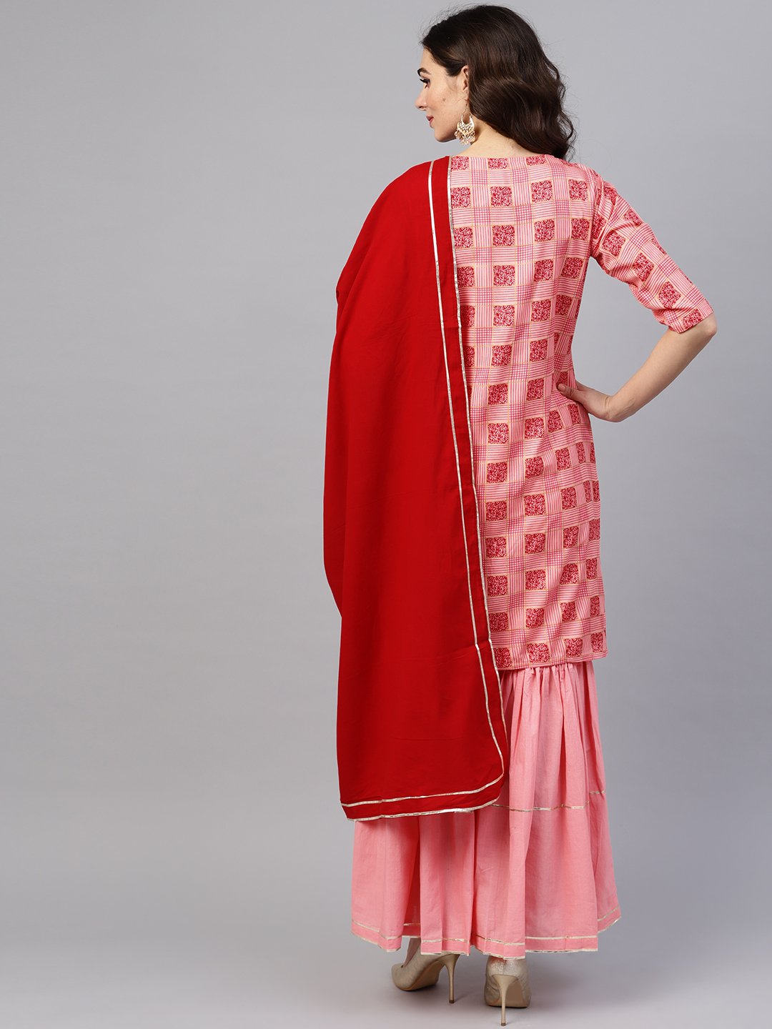 Peach 3/4Th Sleeve Printed Kurta Set With Sharara And Red Dupatta | LASVINI - Redefining Indian Fashion with Elegance