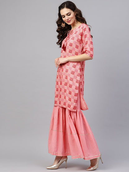 Peach 3/4Th Sleeve Printed Kurta Set With Sharara And Red Dupatta | LASVINI - Redefining Indian Fashion with Elegance