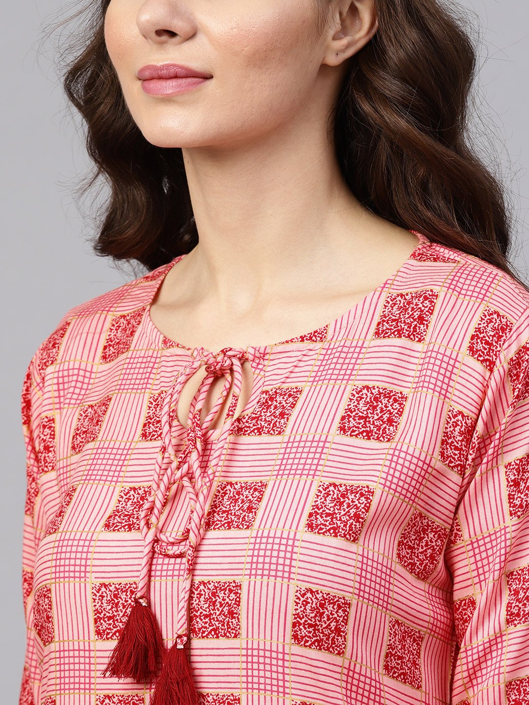 Peach 3/4Th Sleeve Printed Kurta Set With Sharara And Red Dupatta | LASVINI - Redefining Indian Fashion with Elegance