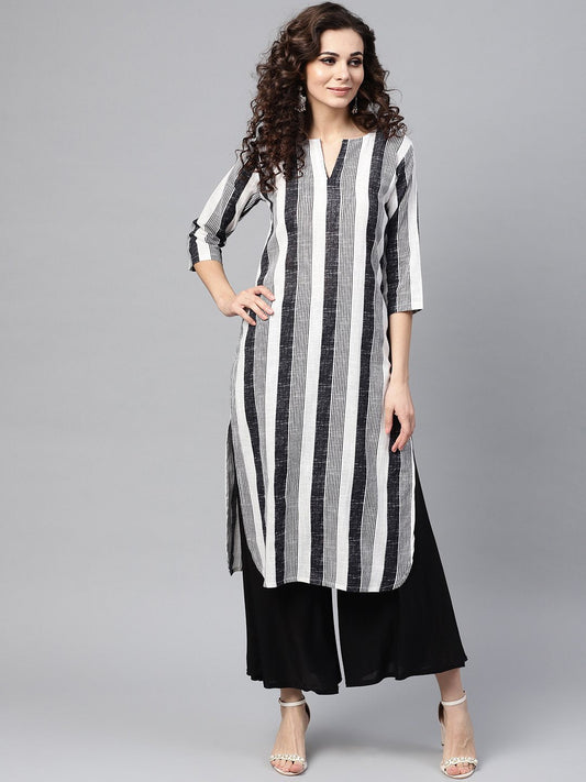 Black & White Striped Printed 3/4Th Sleeve Cotton Kurta | LASVINI - Redefining Indian Fashion with Elegance