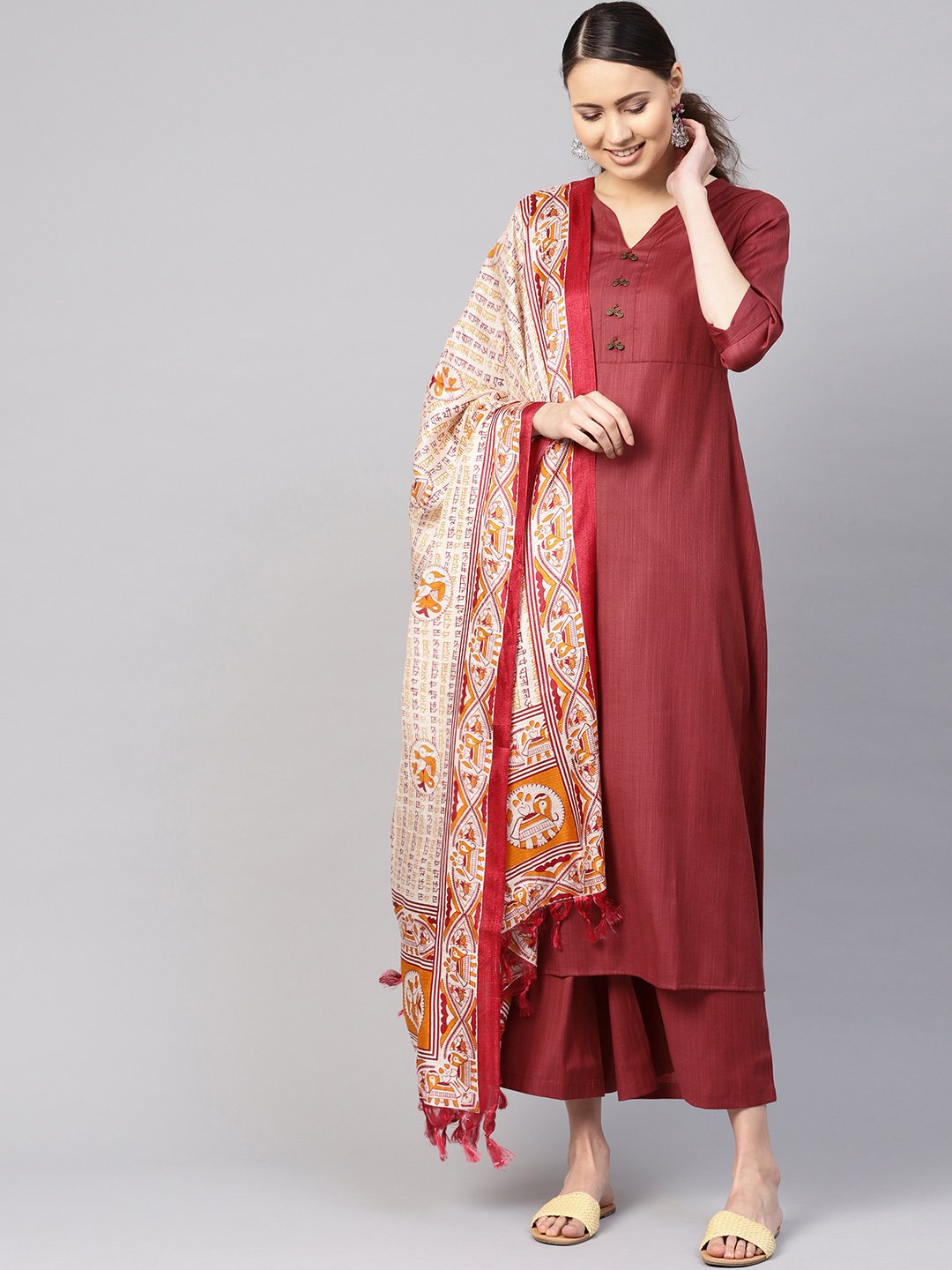Women Rust Red Solid Kurta With Palazzos & Dupatta | LASVINI - Redefining Indian Fashion with Elegance