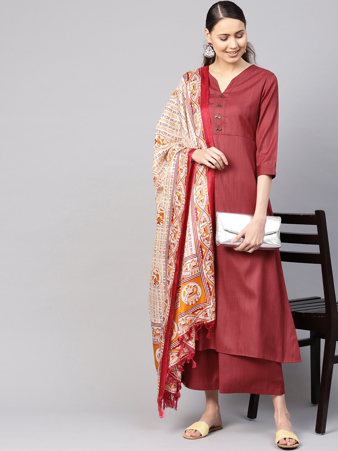 Women Rust Red Solid Kurta With Palazzos & Dupatta | LASVINI - Redefining Indian Fashion with Elegance