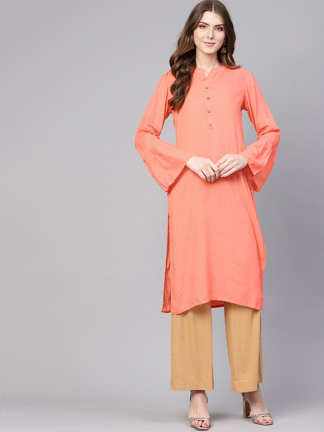 Women Peach-Coloured Woven Design Straight Kurta | LASVINI - Redefining Indian Fashion with Elegance