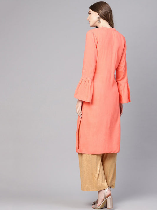 Women Peach-Coloured Woven Design Straight Kurta | LASVINI - Redefining Indian Fashion with Elegance