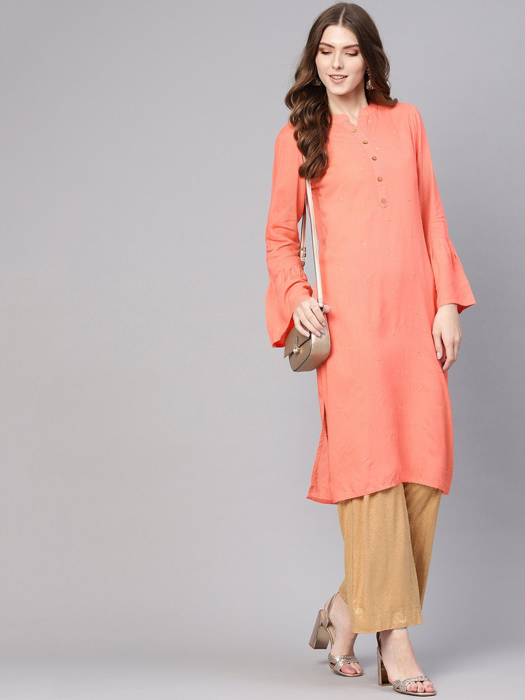 Women Peach-Coloured Woven Design Straight Kurta | LASVINI - Redefining Indian Fashion with Elegance