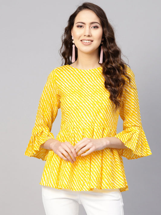 Women Yellow & Off-White Leheriya Print Tunic | LASVINI - Redefining Indian Fashion with Elegance